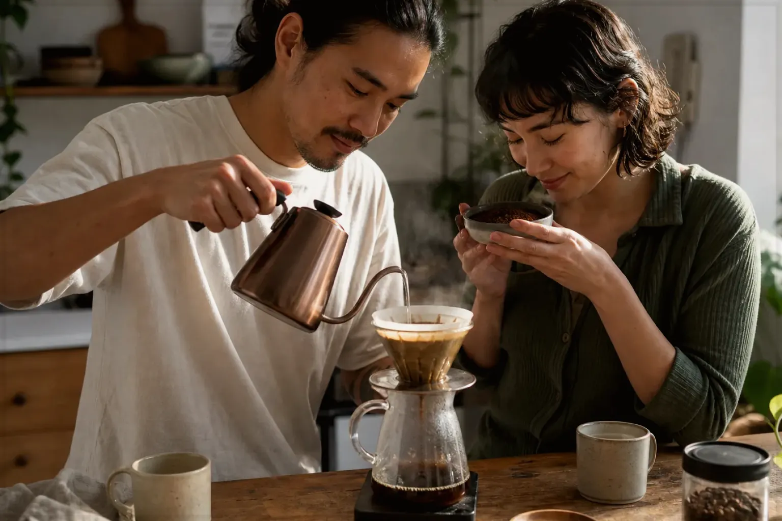 Zwei Menschen bereiten am Wochenende gemeinsam Filterkaffee mit einem Handfilter zu – gezeigt für Eureka Mignon Specialità im Produktprofil.