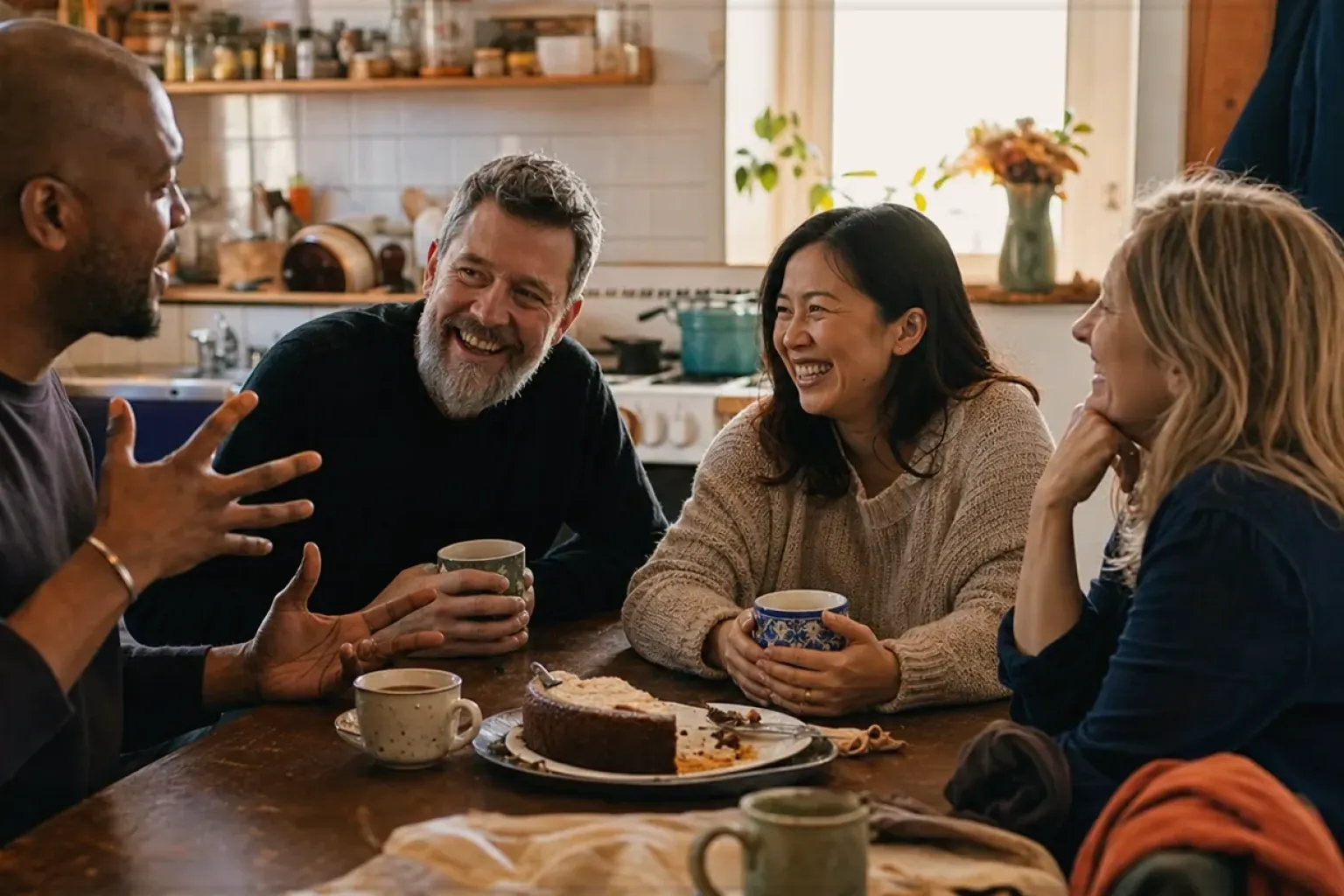 Vier erwachsene Freunde lachen gemeinsam bei Kaffee und selbst gebackenem Kuchen – gezeigt für Eureka Mignon Specialità im Produktprofil.