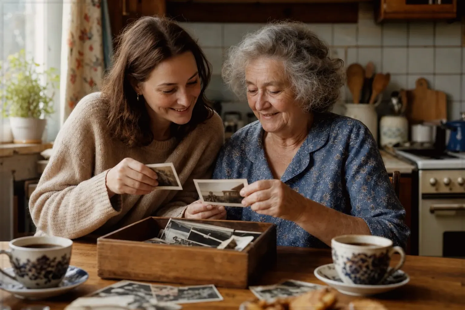 Eine ältere Frau und ihre erwachsene Enkelin betrachten bei Kaffee gemeinsam alte Familienfotos – gezeigt für Eureka Mignon Specialità im Produktprofil.