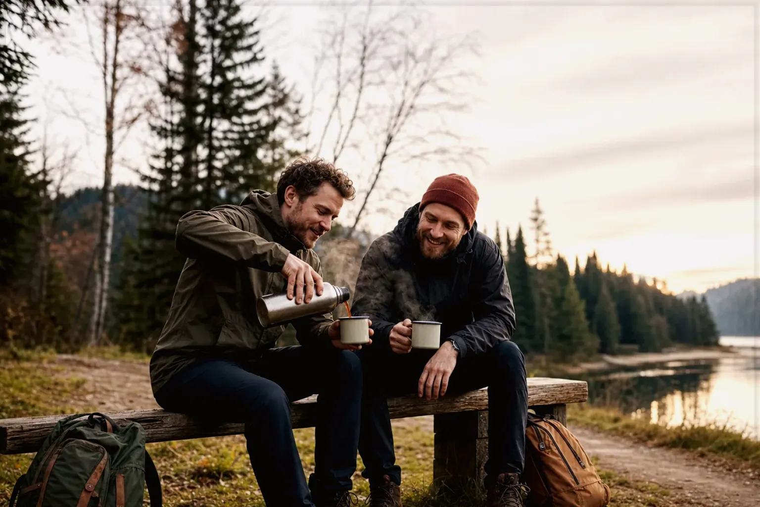 Zwei Freunde teilen auf einer Wanderung heißen Kaffee aus einer Thermoskanne am See – gezeigt für Eureka Mignon Specialità im Produktprofil.