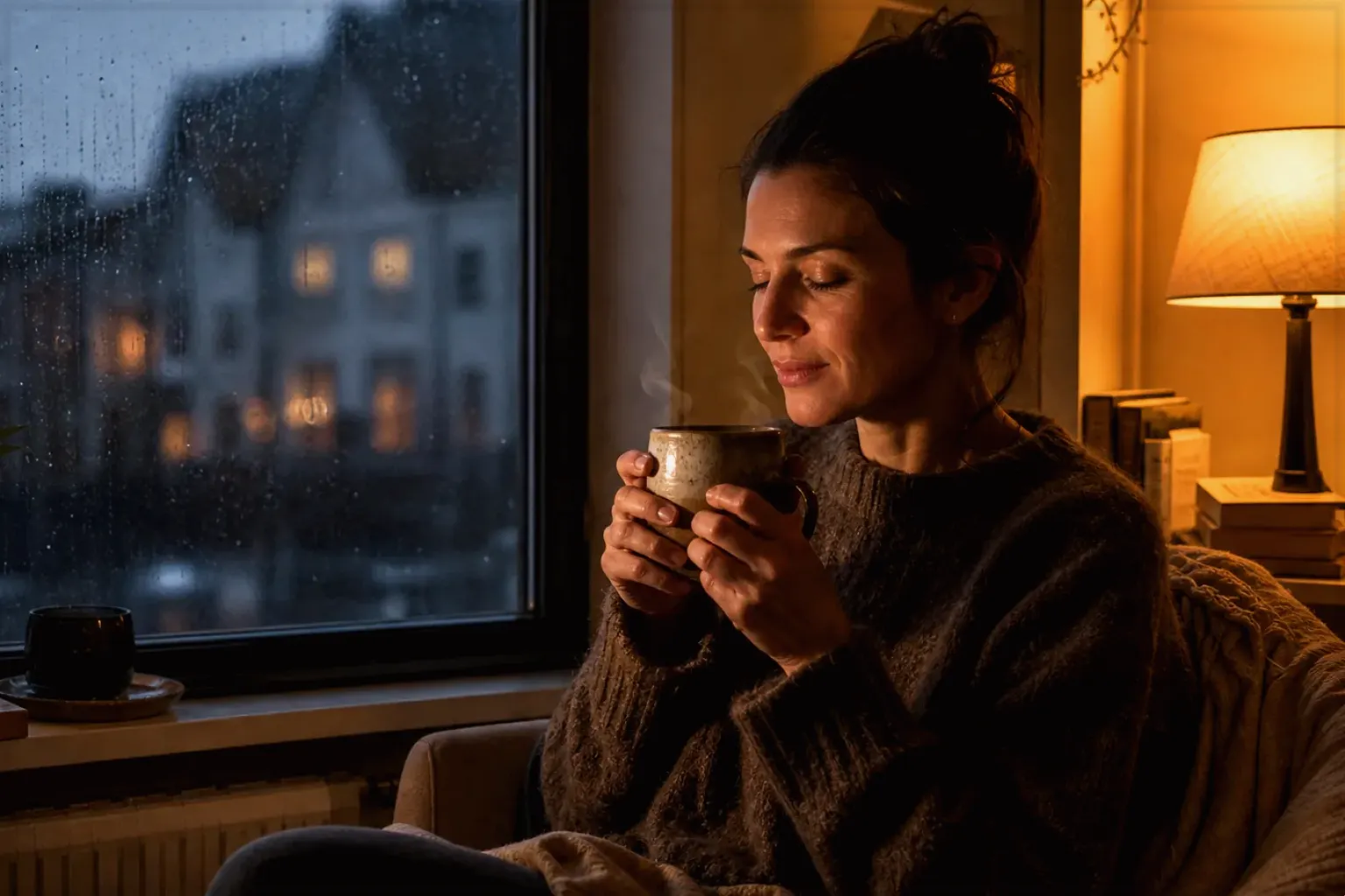 Eine Frau genießt an einem regnerischen Abend ruhig eine warme Tasse Kaffee am Fenster – gezeigt für Eureka Mignon Specialità im Produktprofil.