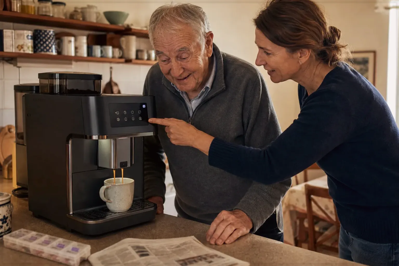 Eine erwachsene Tochter erklärt ihrem Vater verständlich die Bedienung eines Kaffeevollautomaten.
