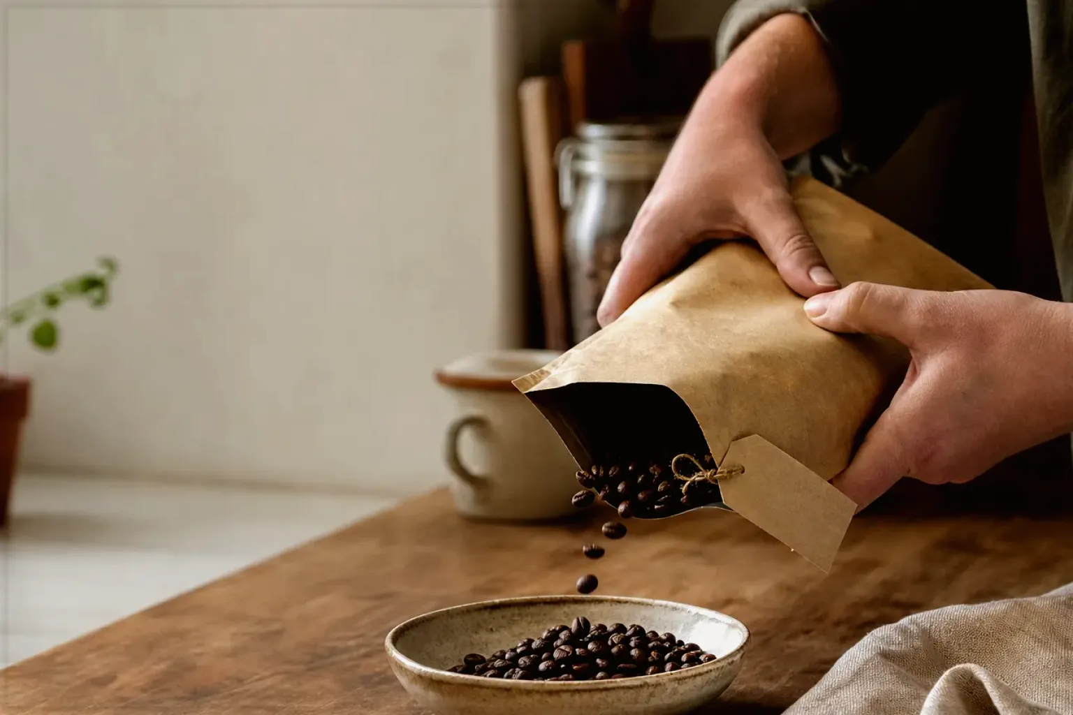 Hände füllen frisch geröstete Kaffeebohnen aus einer Papiertüte in eine Keramikschale – gezeigt für illy Classico Ganze Bohne im Produktprofil.