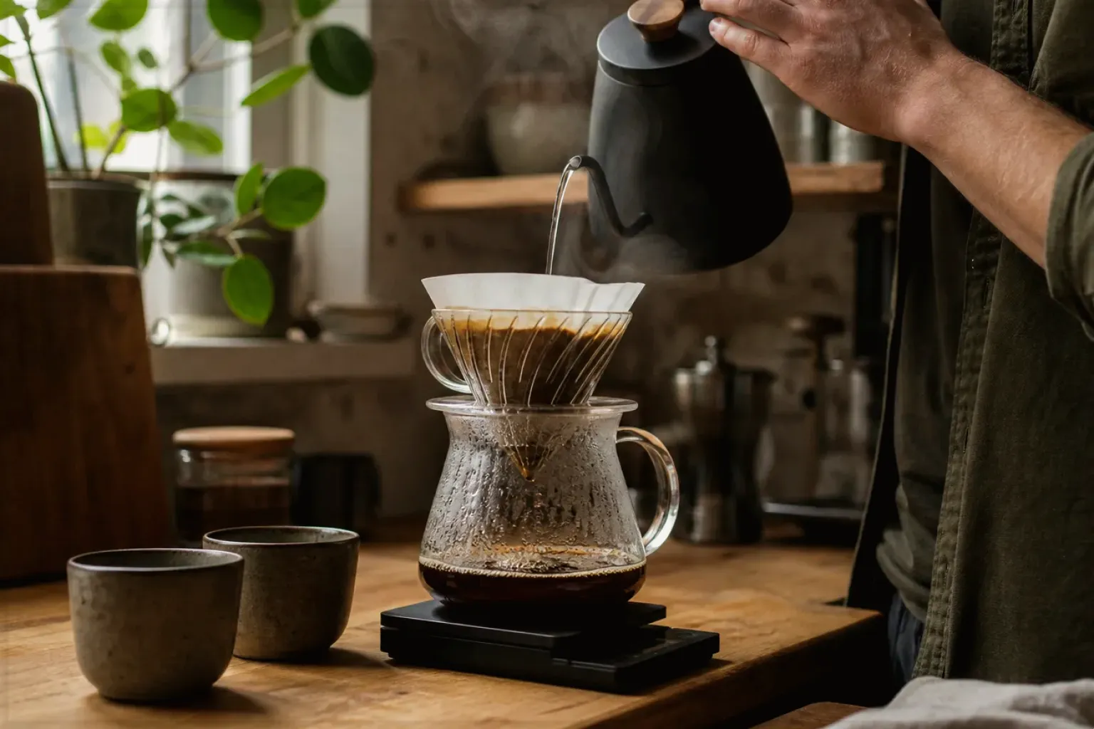 Filterkaffee wird mit einem Schwanenhalskessel von Hand in einer Küche aufgegossen – gezeigt für illy Classico Ganze Bohne im Produktprofil.