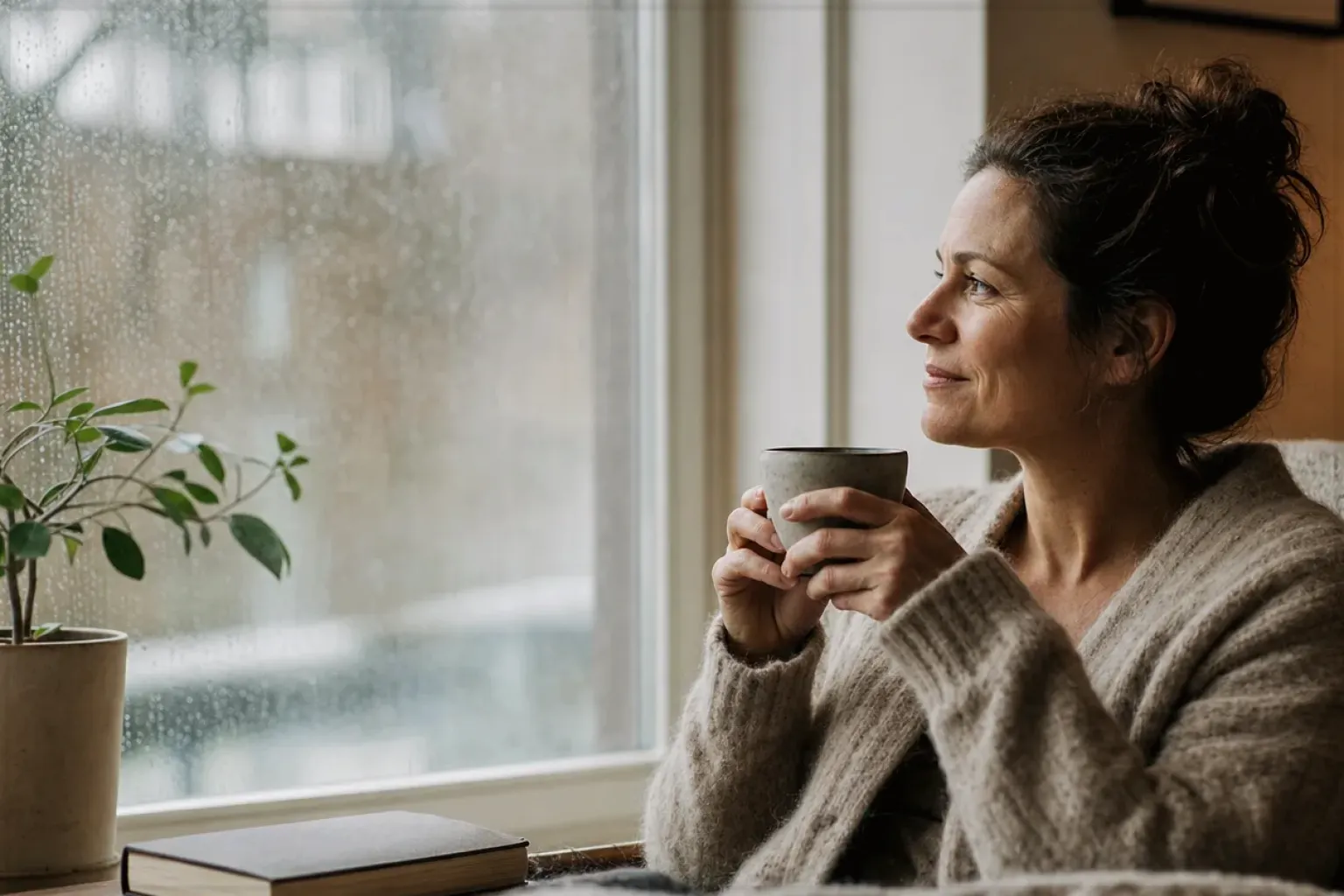 Eine Frau genießt an einem regnerischen Nachmittag ruhig eine Tasse Kaffee am Fenster – gezeigt für illy Classico Ganze Bohne im Produktprofil.