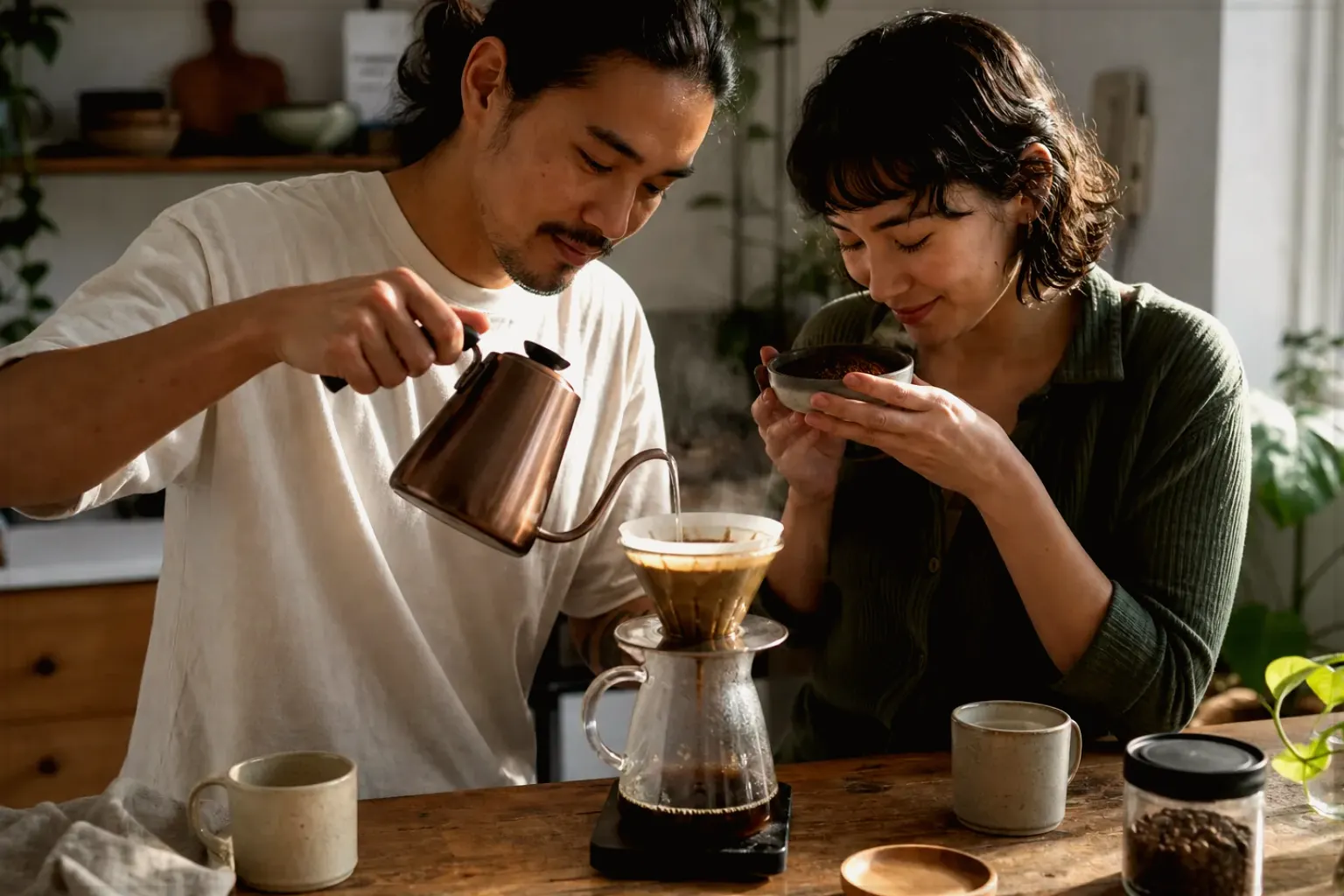 Zwei Menschen bereiten am Wochenende gemeinsam Filterkaffee mit einem Handfilter zu – gezeigt für illy Classico Ganze Bohne im Produktprofil.