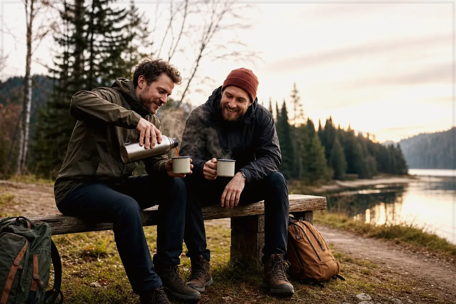 Zwei Freunde teilen auf einer Wanderung heißen Kaffee aus einer Thermoskanne am See – gezeigt für illy Classico Ganze Bohne im Produktprofil.