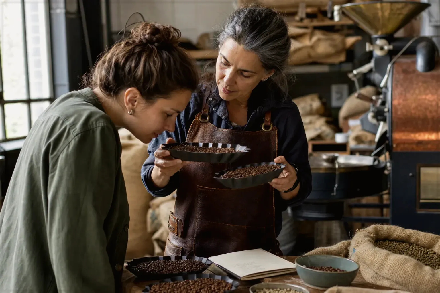 Eine Kaffeerösterin lässt eine Kundin in einer kleinen Rösterei verschiedene frisch geröstete Bohnen riechen – gezeigt für illy Classico Ganze Bohne im Produktprofil.