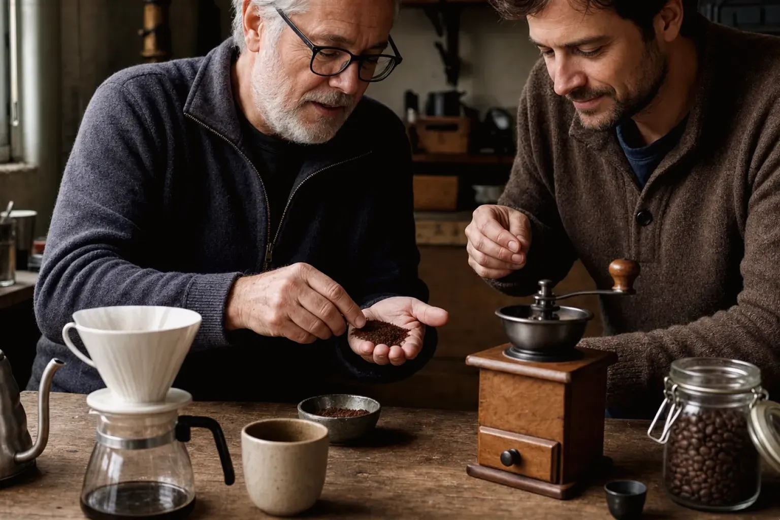 Ein älterer Kaffeeliebhaber zeigt einem jüngeren Erwachsenen gemahlenen Kaffee neben Handmühle und Filter – gezeigt für illy Classico Ganze Bohne im Produktprofil.