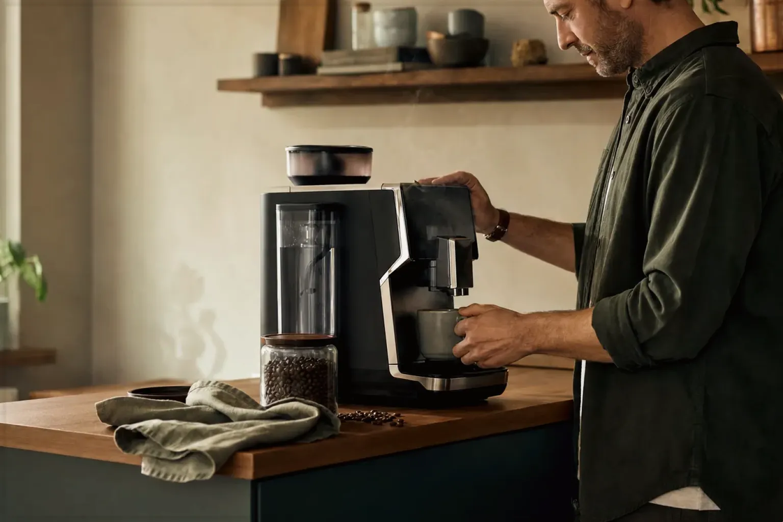 Ein Mann bereitet morgens Kaffee in seiner Küche zu – gezeigt für illy Classico Ganze Bohne im Produktprofil.