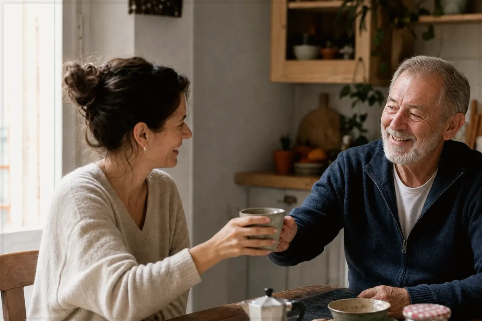 Eine erwachsene Tochter und ihr älterer Vater lachen gemeinsam beim Kaffee in ihrer Küche – gezeigt für illy Classico Ganze Bohne im Produktprofil.