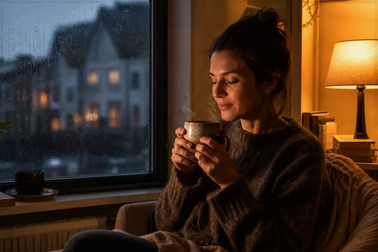 Eine Frau genießt an einem regnerischen Abend ruhig eine warme Tasse Kaffee am Fenster – gezeigt für illy Classico Ganze Bohne im Produktprofil.
