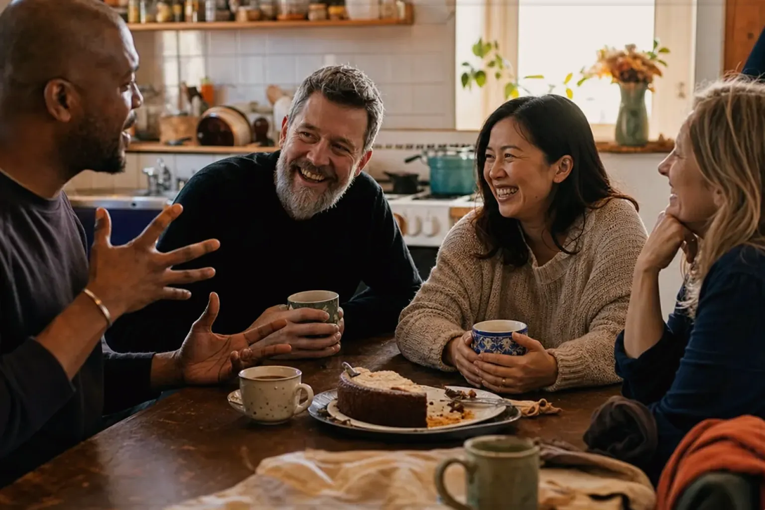 Vier erwachsene Freunde lachen gemeinsam bei Kaffee und selbst gebackenem Kuchen – gezeigt für illy Classico Ganze Bohne im Produktprofil.