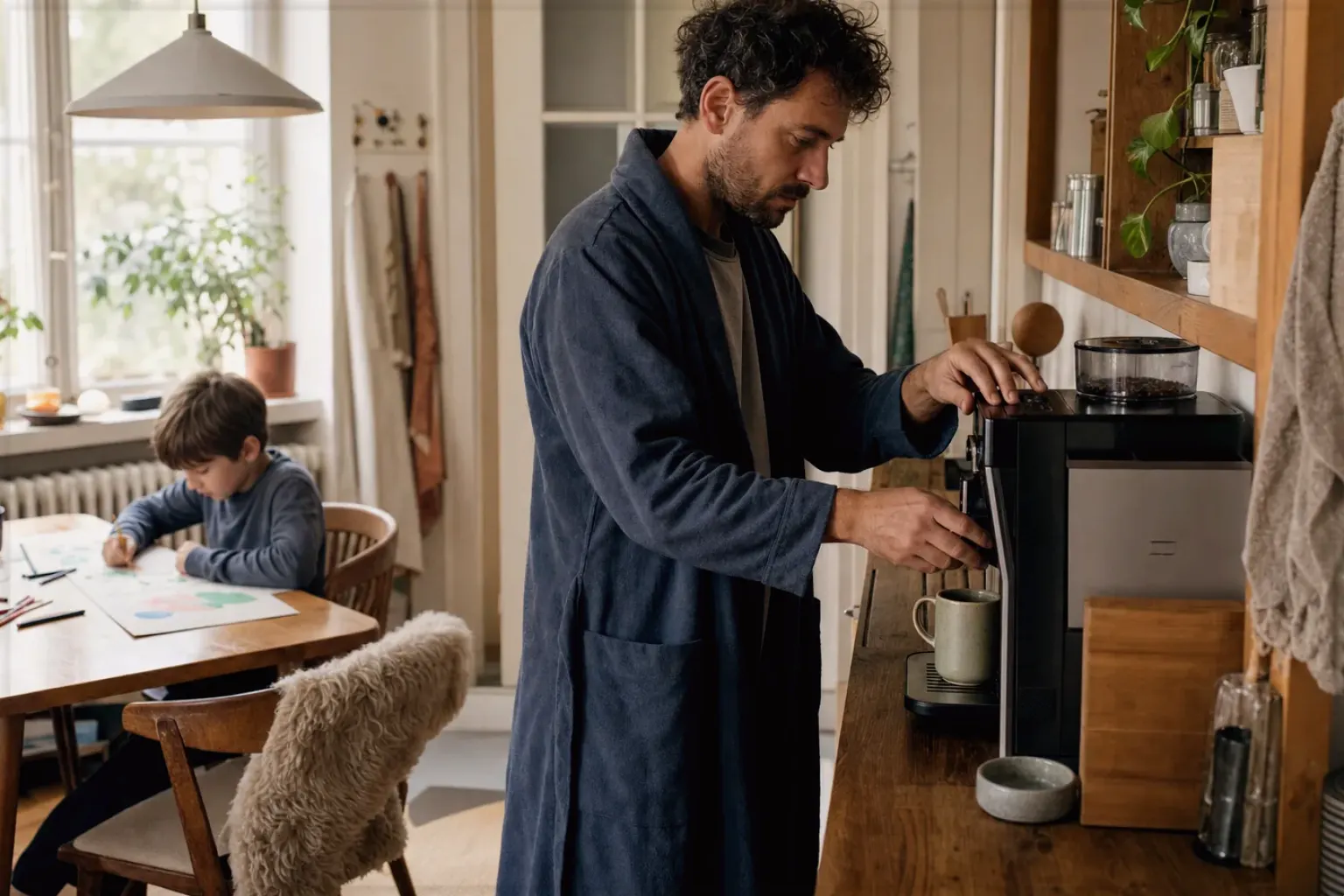 Ein Vater bereitet morgens Kaffee zu, während sein Kind am Küchentisch malt – gezeigt für illy Classico Ganze Bohne im Produktprofil.