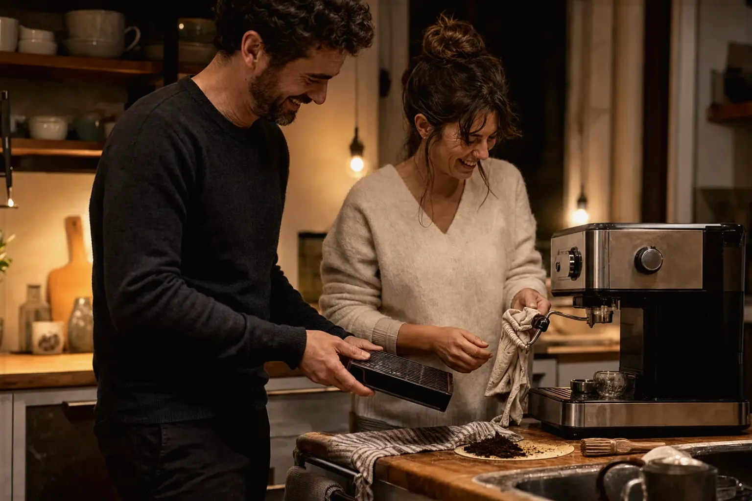 Ein Paar reinigt am Abend gemeinsam und gut gelaunt seine Espressomaschine in der Küche – gezeigt für illy Classico Ganze Bohne im Produktprofil.