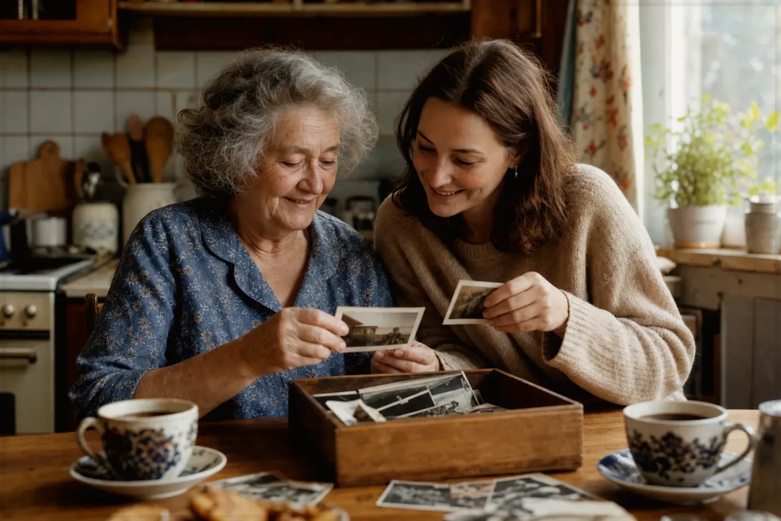 Eine ältere Frau und ihre erwachsene Enkelin betrachten bei Kaffee gemeinsam alte Familienfotos – gezeigt für illy Classico Ganze Bohne im Produktprofil.