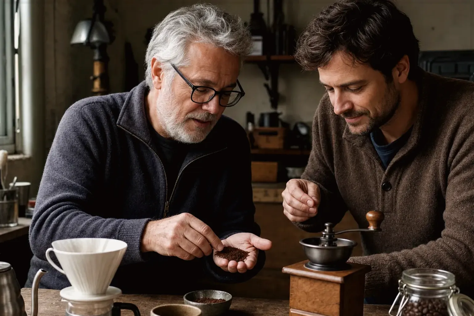 Ein erfahrener Kaffeeliebhaber erklärt einem jüngeren Erwachsenen Mahlgrad und Kaffeetextur.