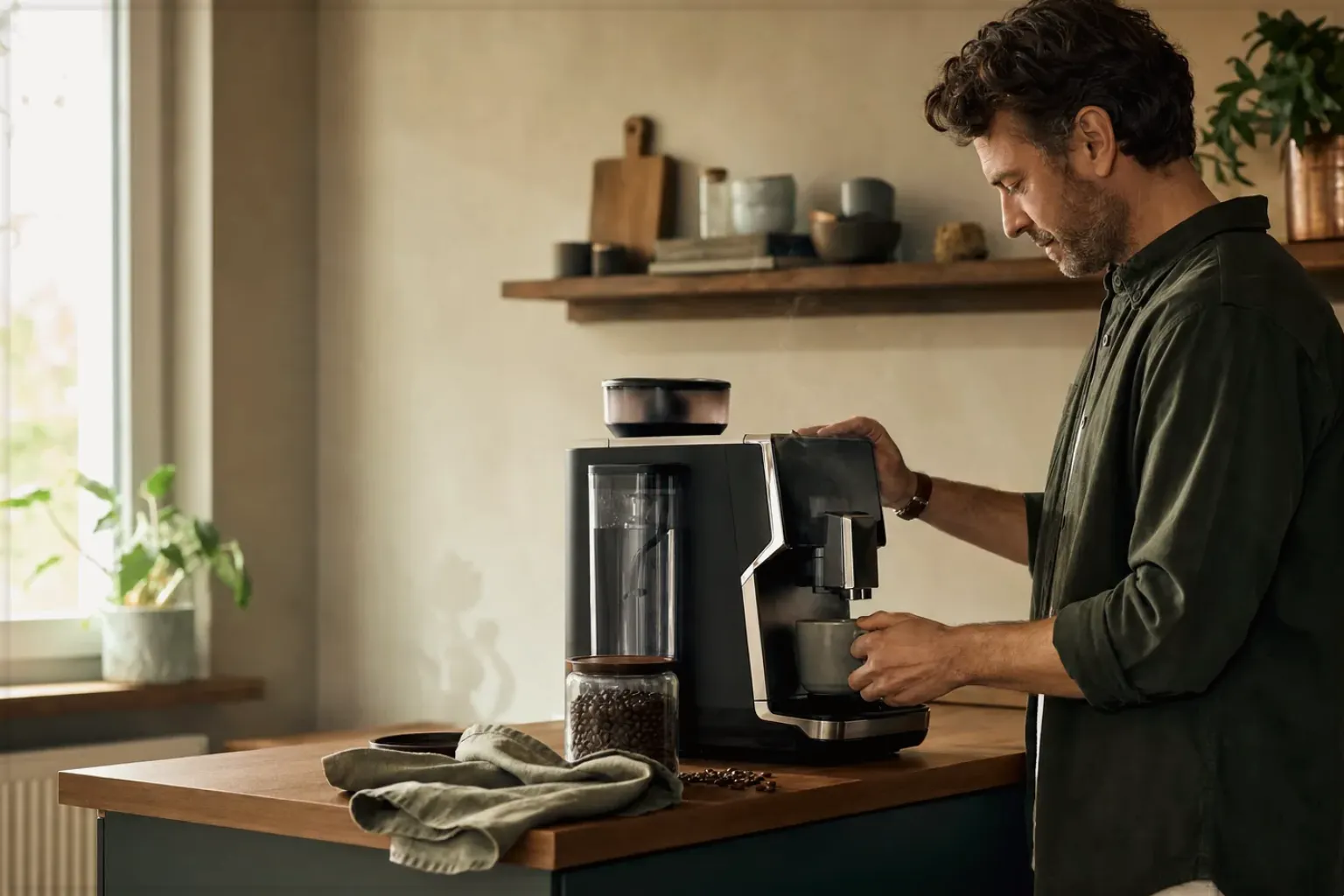 Ein Mann bereitet morgens Kaffee an einem Vollautomaten in seiner Küche zu – gezeigt für Jura ENA 4 im Produktprofil.