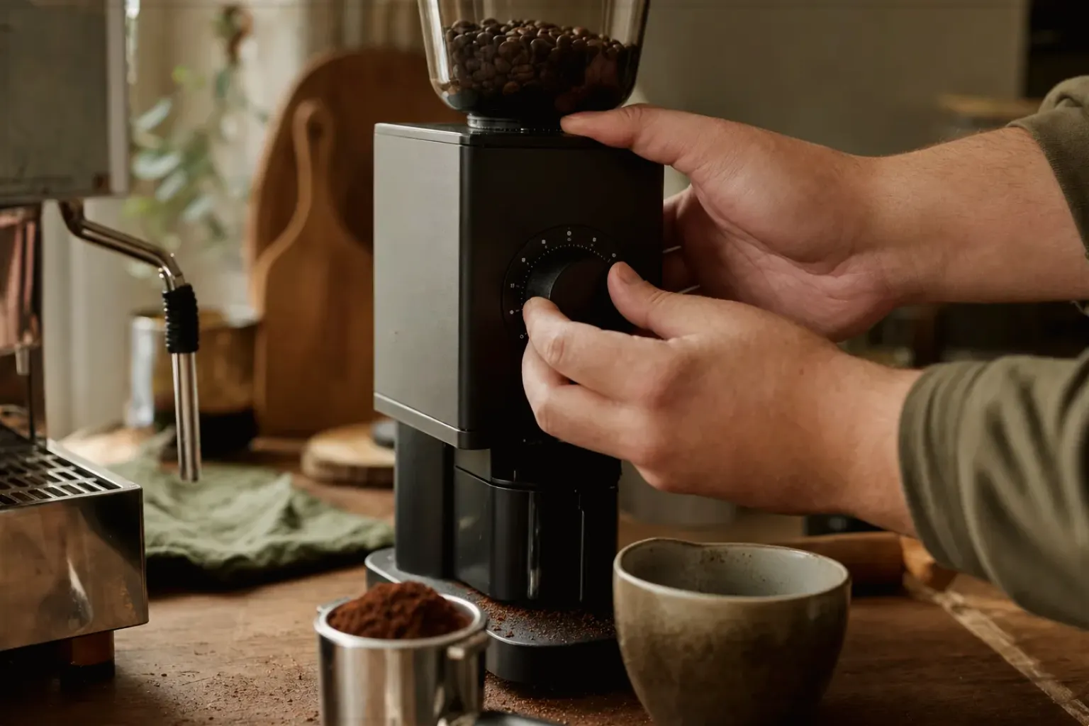 Zwei Hände stellen den Mahlgrad an einer Kaffeemühle neben einer Espressomaschine ein – gezeigt für Jura ENA 4 im Produktprofil.