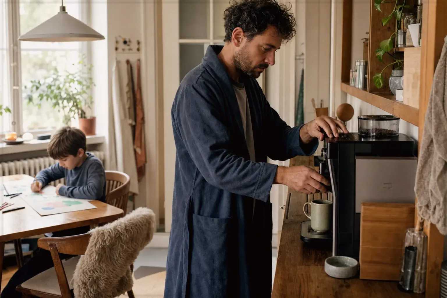Ein Vater bereitet morgens Kaffee am Vollautomaten zu, während sein Kind am Küchentisch malt – gezeigt für Jura ENA 4 im Produktprofil.