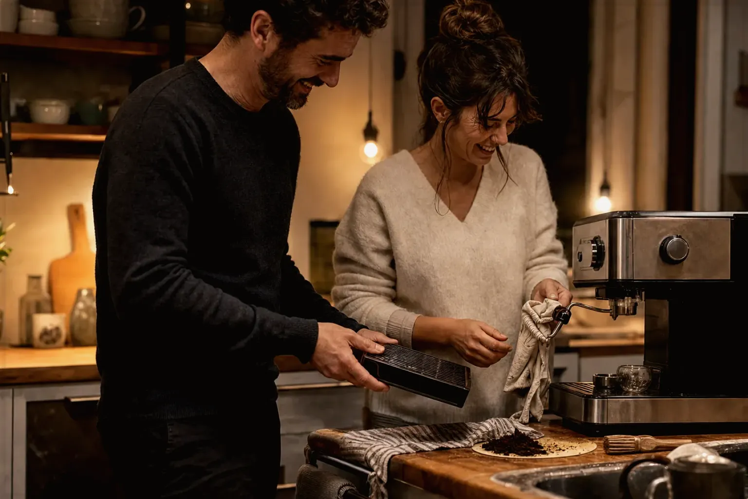 Ein Paar reinigt am Abend gemeinsam und gut gelaunt seine Espressomaschine in der Küche – gezeigt für Jura ENA 4 im Produktprofil.