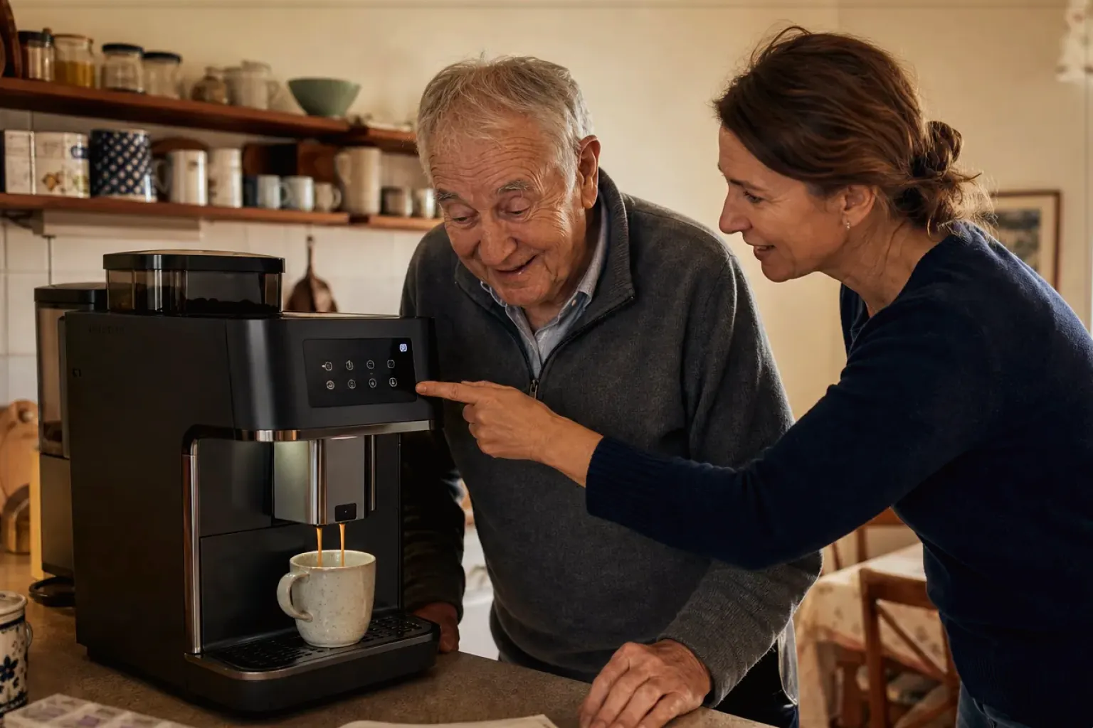 Eine erwachsene Tochter erklärt ihrem älteren Vater in seiner Küche einen Kaffeevollautomaten – gezeigt für Jura ENA 4 im Produktprofil.