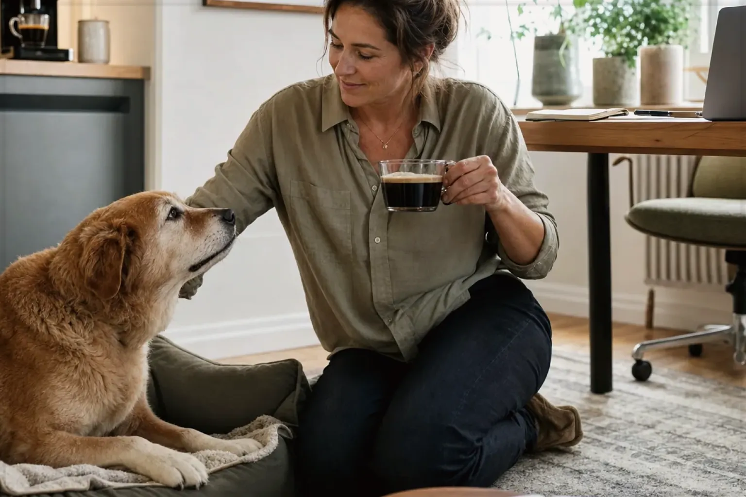 Eine Frau genießt im Homeoffice eine Kaffeepause bei ihrem älteren Hund – gezeigt für Jura ENA 4 im Produktprofil.