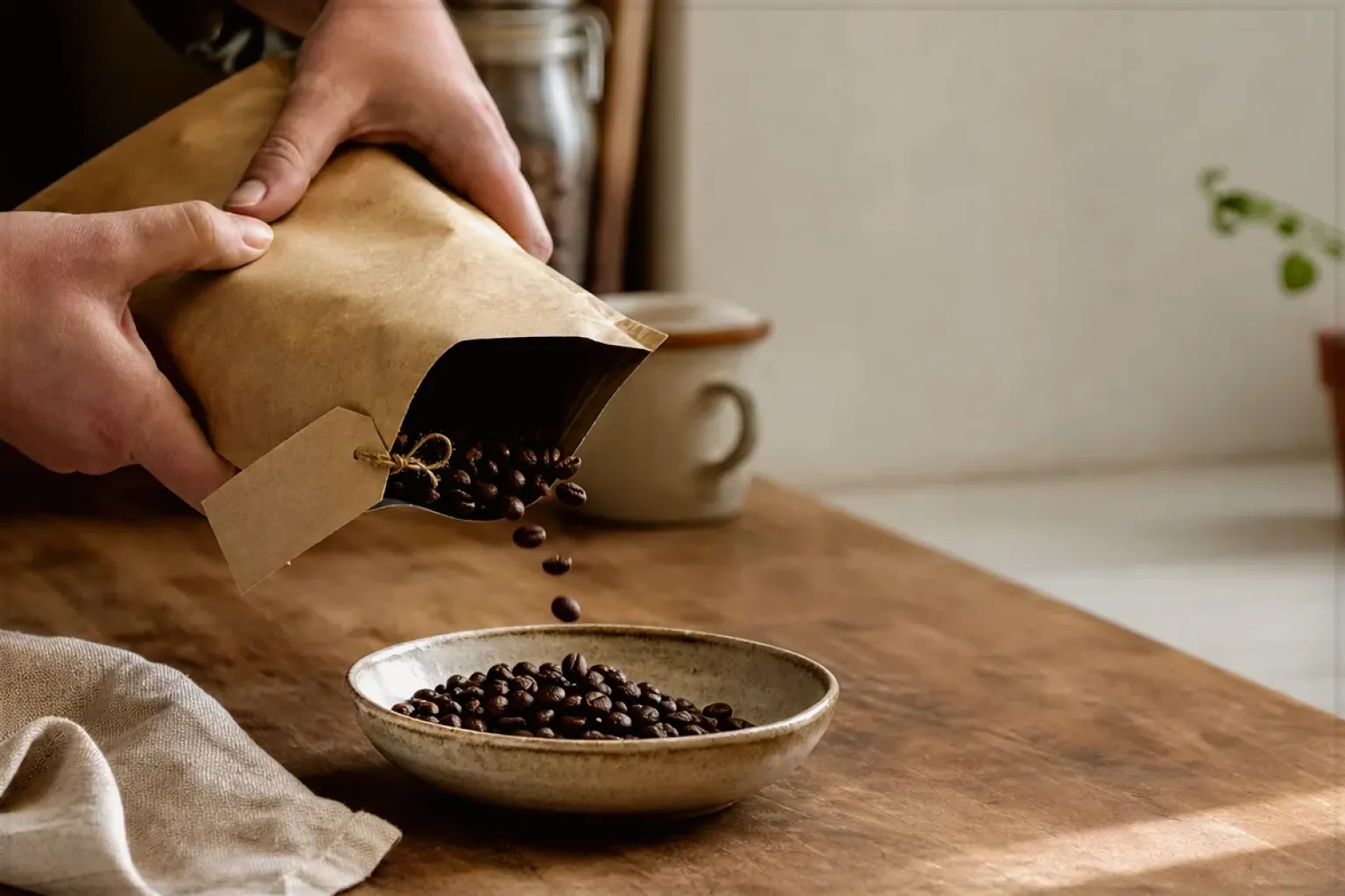 Hände füllen frisch geröstete Kaffeebohnen aus einer Papiertüte in eine Keramikschale – gezeigt für Jura ENA 4 im Produktprofil.