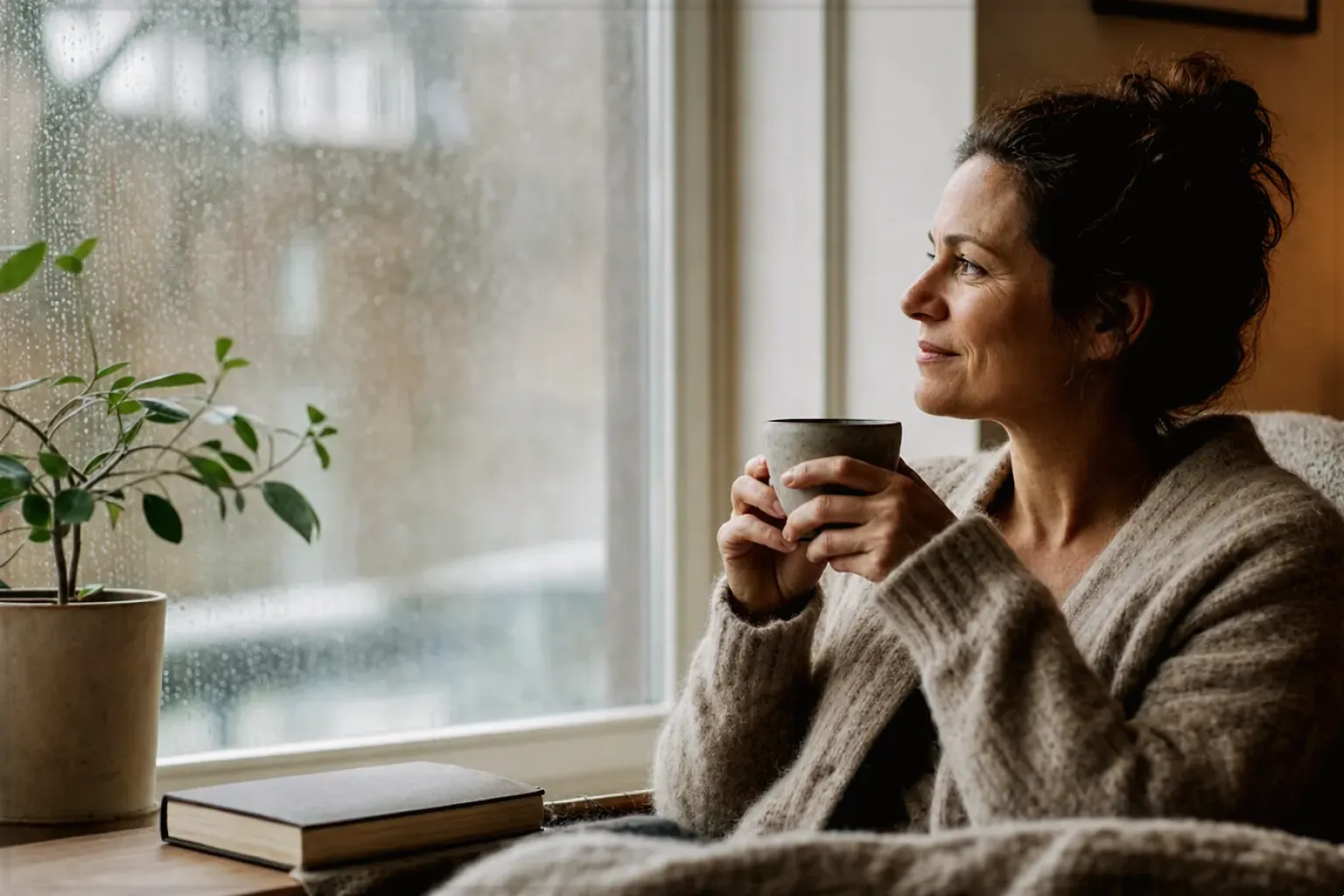 Eine Frau genießt an einem regnerischen Nachmittag ruhig eine Tasse Kaffee am Fenster – gezeigt für Jura ENA 4 im Produktprofil.