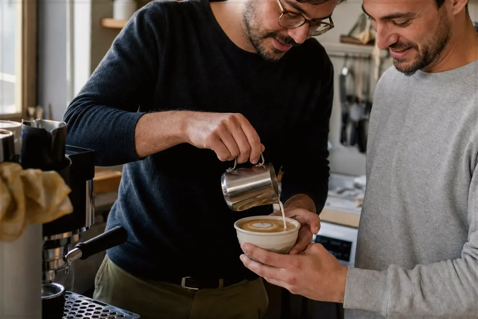 Zwei Freunde freuen sich in einer kleinen Küche über ihre gemeinsam gegossene Latte Art – gezeigt für Jura ENA 4 im Produktprofil.