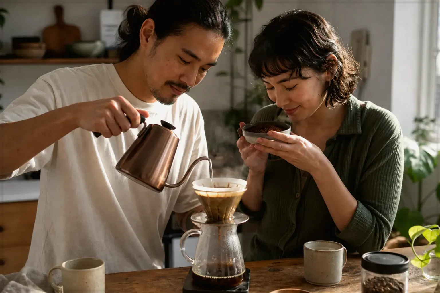 Zwei Menschen bereiten am Wochenende gemeinsam Filterkaffee mit einem Handfilter zu – gezeigt für Jura ENA 4 im Produktprofil.
