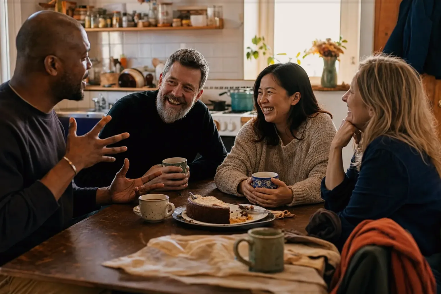 Vier erwachsene Freunde lachen gemeinsam bei Kaffee und selbst gebackenem Kuchen – gezeigt für Jura ENA 4 im Produktprofil.