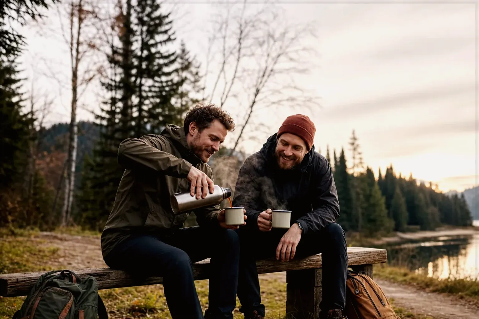 Zwei Freunde teilen auf einer Wanderung heißen Kaffee aus einer Thermoskanne am See – gezeigt für Jura ENA 4 im Produktprofil.