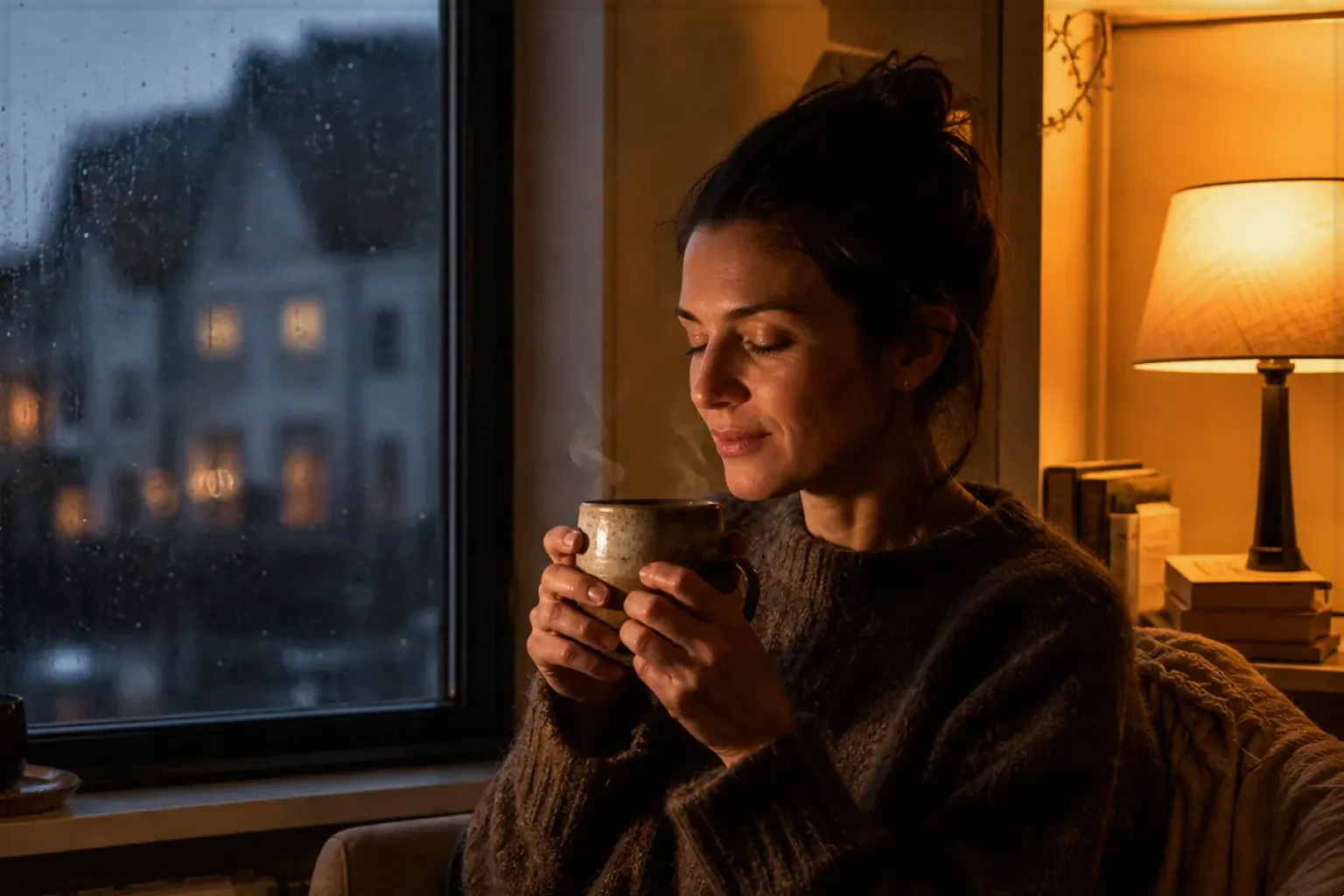 Eine Frau genießt an einem regnerischen Abend ruhig eine warme Tasse Kaffee am Fenster – gezeigt für Jura ENA 4 im Produktprofil.
