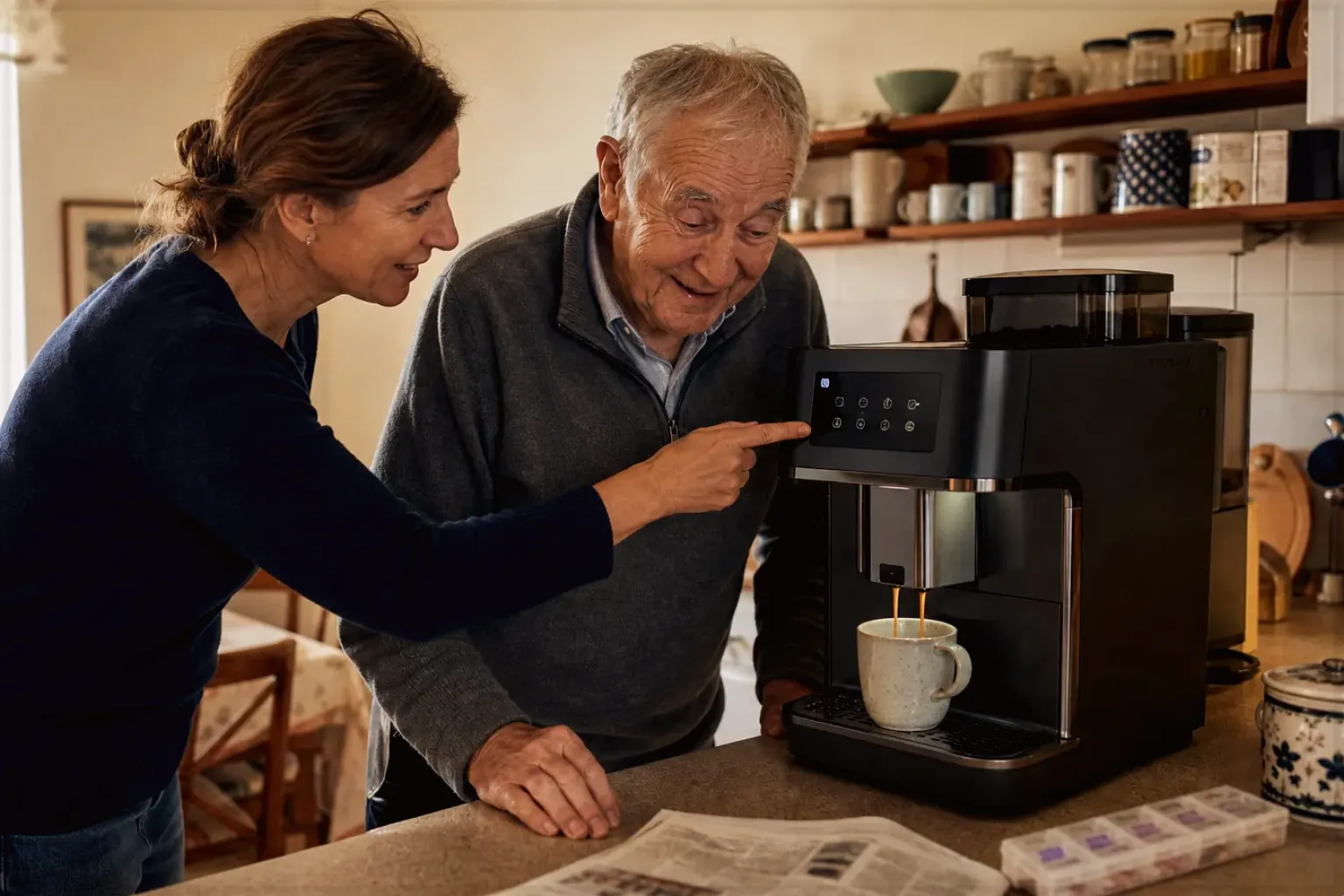Eine erwachsene Tochter erklärt ihrem Vater verständlich die Bedienung eines Kaffeevollautomaten.