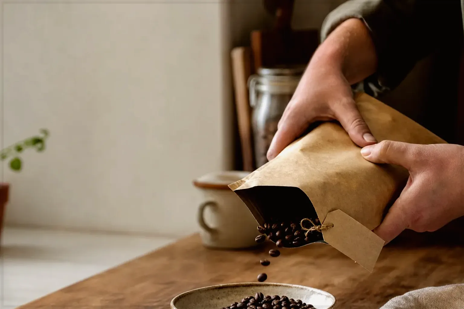 Hände füllen frisch geröstete Kaffeebohnen aus einer Papiertüte in eine Keramikschale – gezeigt für Lavazza Espresso Italiano Classico im Produktprofil.