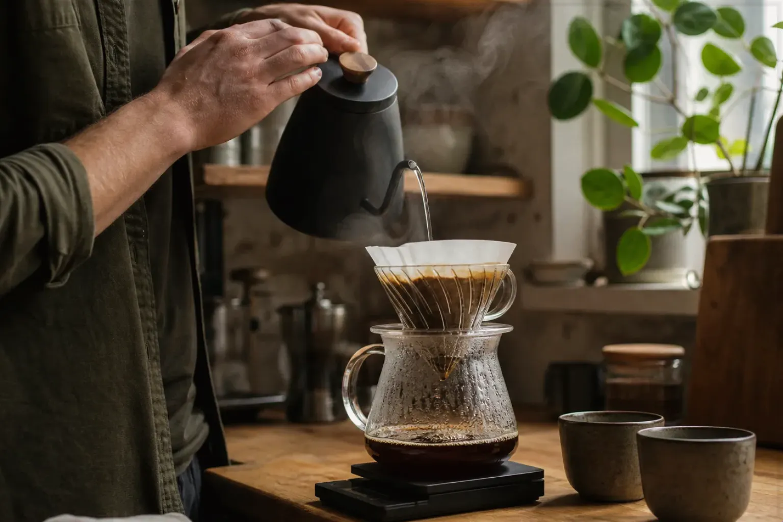 Filterkaffee wird mit einem Schwanenhalskessel von Hand in einer Küche aufgegossen – gezeigt für Lavazza Espresso Italiano Classico im Produktprofil.