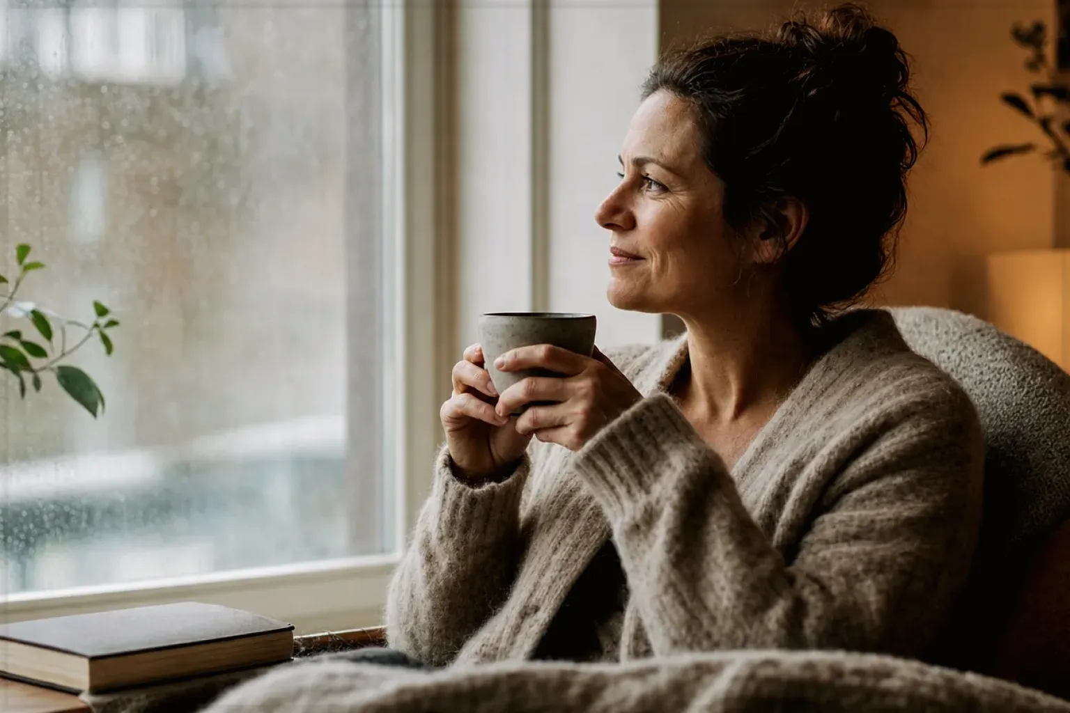 Eine Frau genießt an einem regnerischen Nachmittag ruhig eine Tasse Kaffee am Fenster – gezeigt für Lavazza Espresso Italiano Classico im Produktprofil.