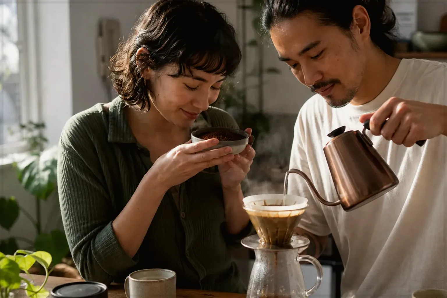 Zwei Menschen bereiten am Wochenende gemeinsam Filterkaffee mit einem Handfilter zu – gezeigt für Lavazza Espresso Italiano Classico im Produktprofil.