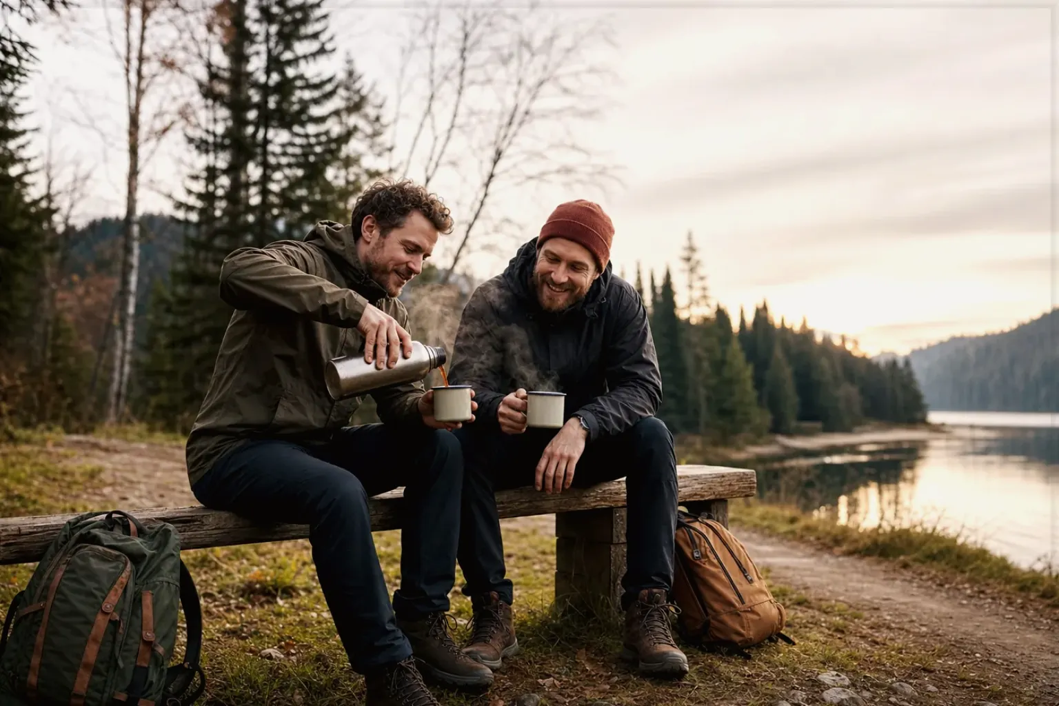 Zwei Freunde teilen auf einer Wanderung heißen Kaffee aus einer Thermoskanne am See – gezeigt für Lavazza Espresso Italiano Classico im Produktprofil.