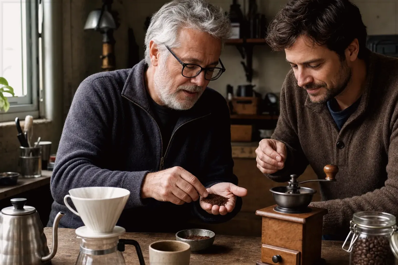 Ein älterer Kaffeeliebhaber zeigt einem jüngeren Erwachsenen gemahlenen Kaffee neben Handmühle und Filter – gezeigt für Lavazza Espresso Italiano Classico im Produktprofil.