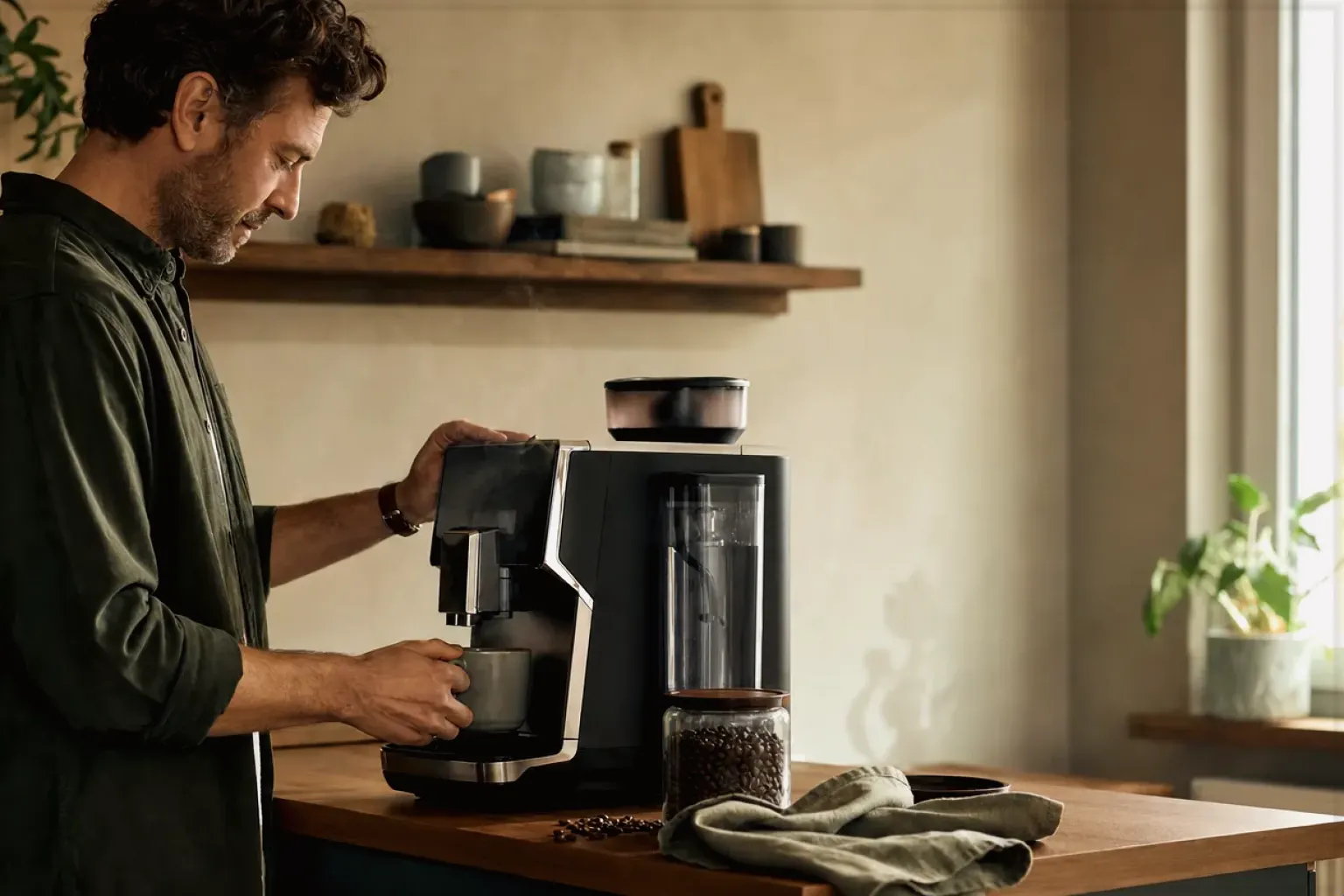 Ein Mann bereitet morgens Kaffee in seiner Küche zu – gezeigt für Lavazza Espresso Italiano Classico im Produktprofil.