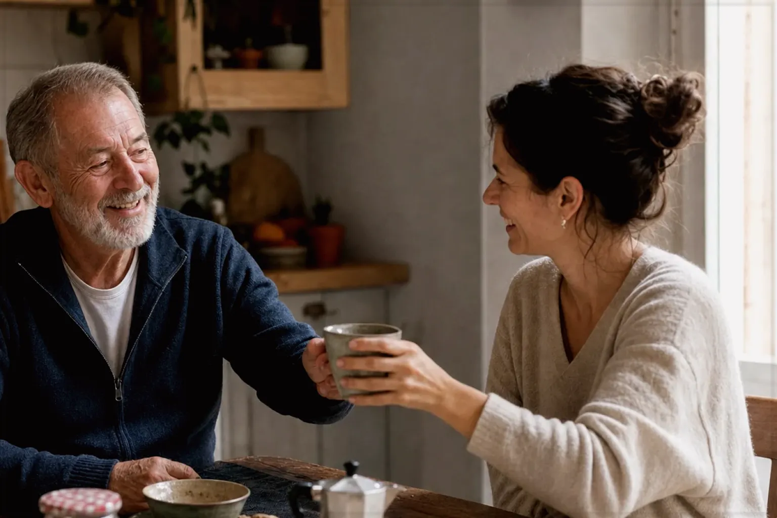 Eine erwachsene Tochter und ihr älterer Vater lachen gemeinsam beim Kaffee in ihrer Küche – gezeigt für Lavazza Espresso Italiano Classico im Produktprofil.