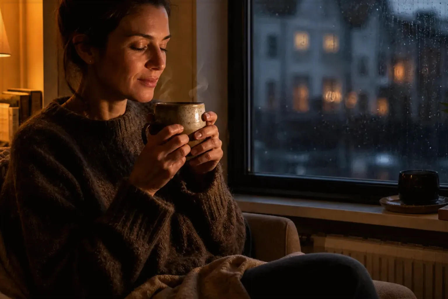 Eine Frau genießt an einem regnerischen Abend ruhig eine warme Tasse Kaffee am Fenster – gezeigt für Lavazza Espresso Italiano Classico im Produktprofil.