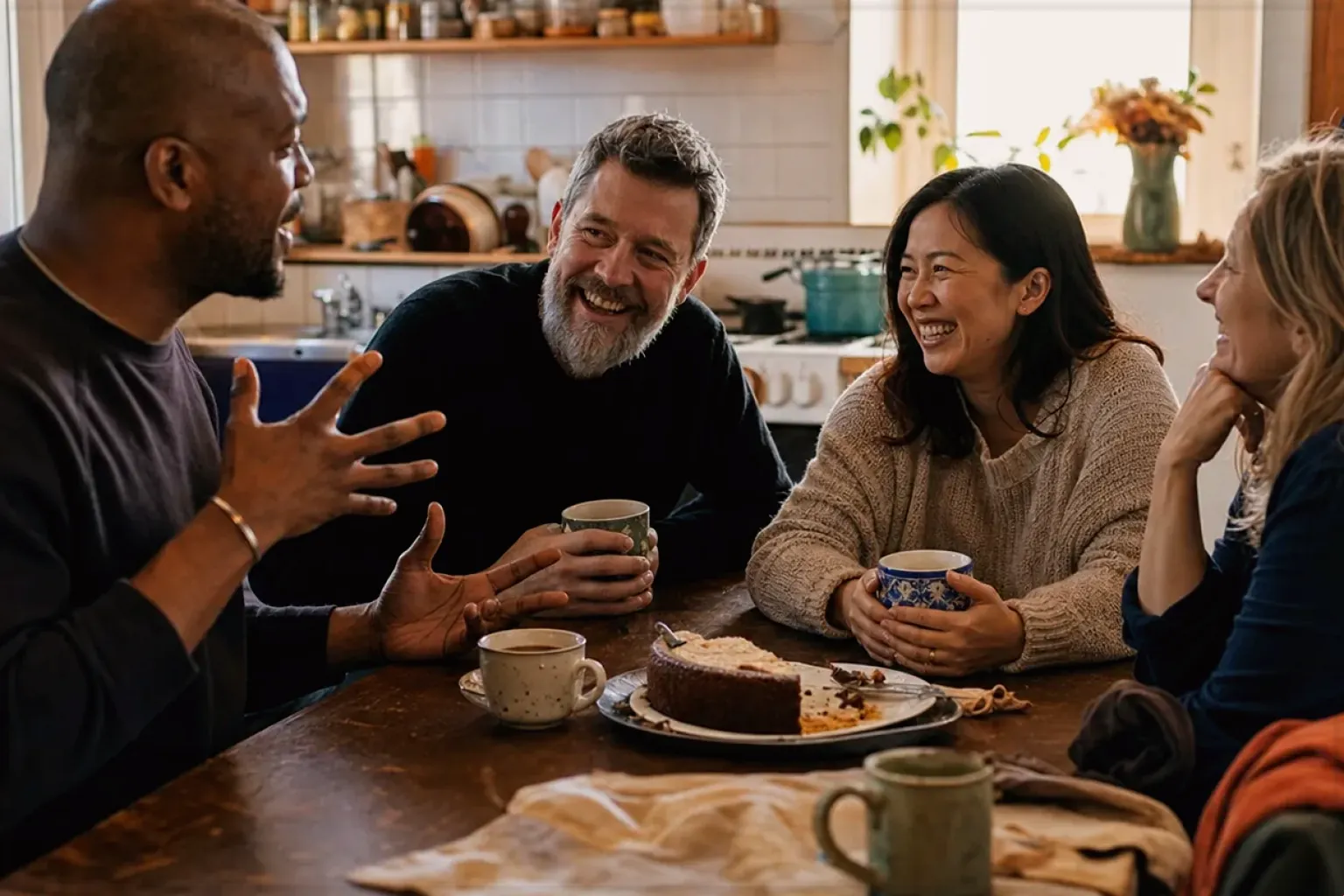 Vier erwachsene Freunde lachen gemeinsam bei Kaffee und selbst gebackenem Kuchen – gezeigt für Lavazza Espresso Italiano Classico im Produktprofil.
