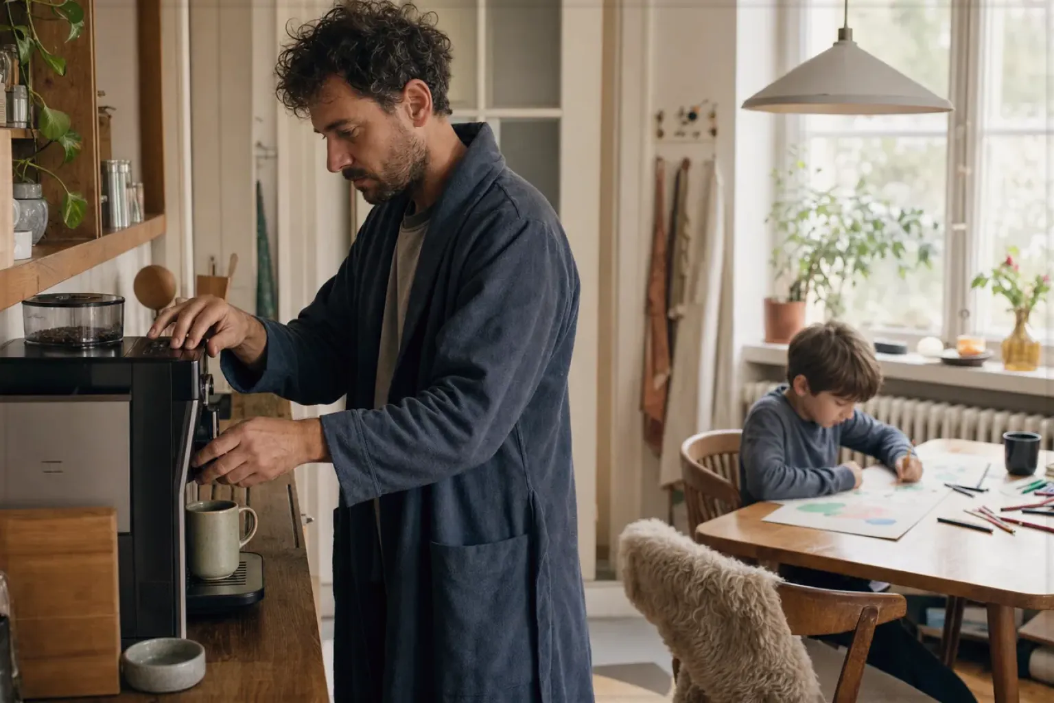 Ein Vater bereitet morgens Kaffee zu, während sein Kind am Küchentisch malt – gezeigt für Lavazza Espresso Italiano Classico im Produktprofil.