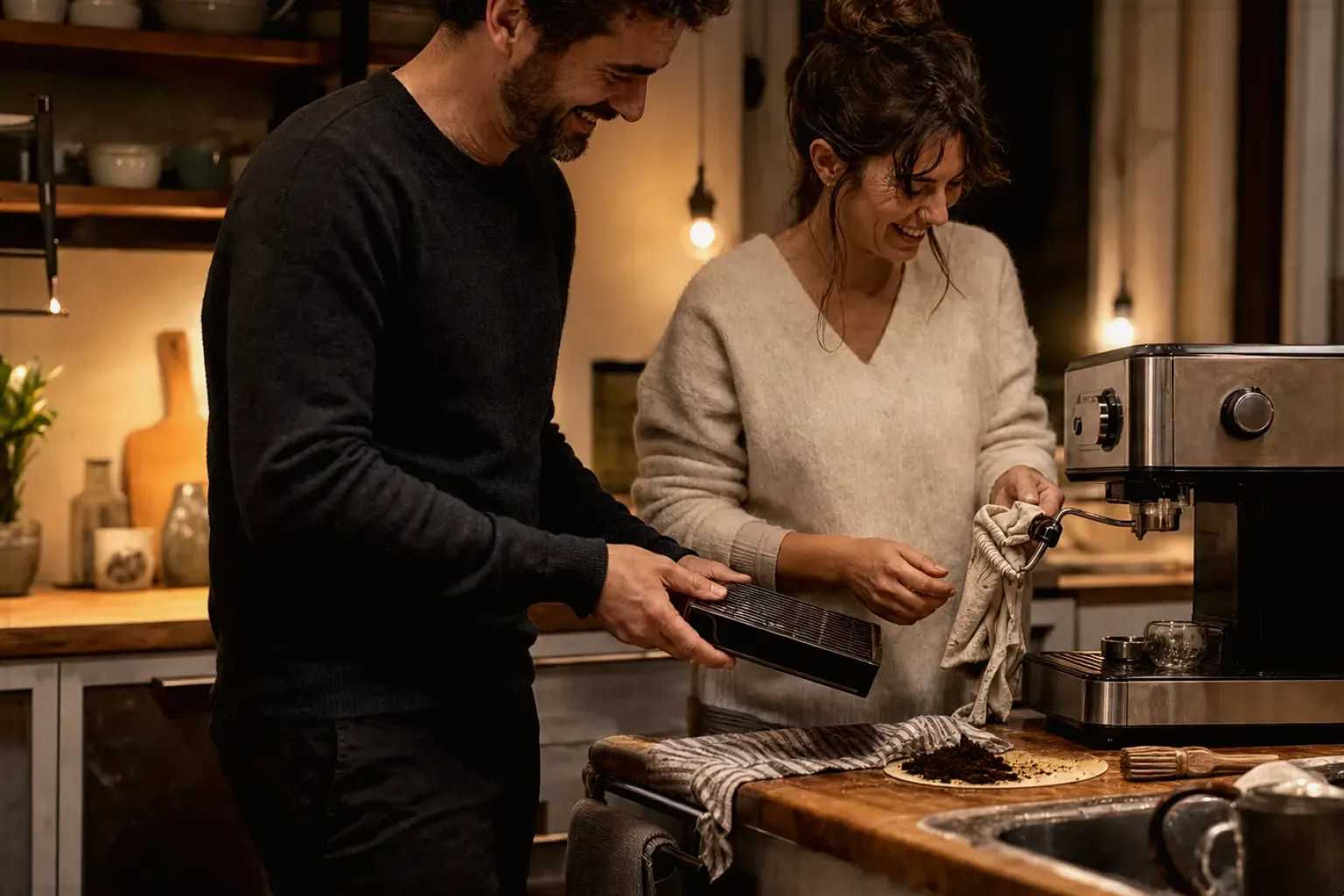 Ein Paar reinigt am Abend gemeinsam und gut gelaunt seine Espressomaschine in der Küche – gezeigt für Lavazza Espresso Italiano Classico im Produktprofil.