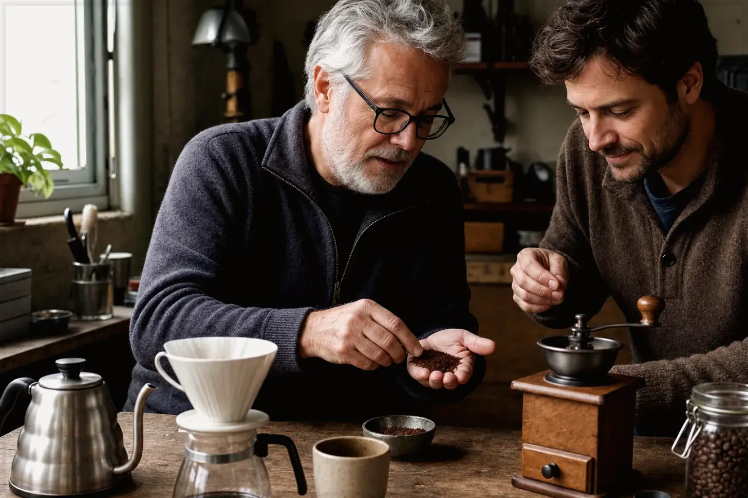 Ein erfahrener Kaffeeliebhaber erklärt einem jüngeren Erwachsenen Mahlgrad und Kaffeetextur.
