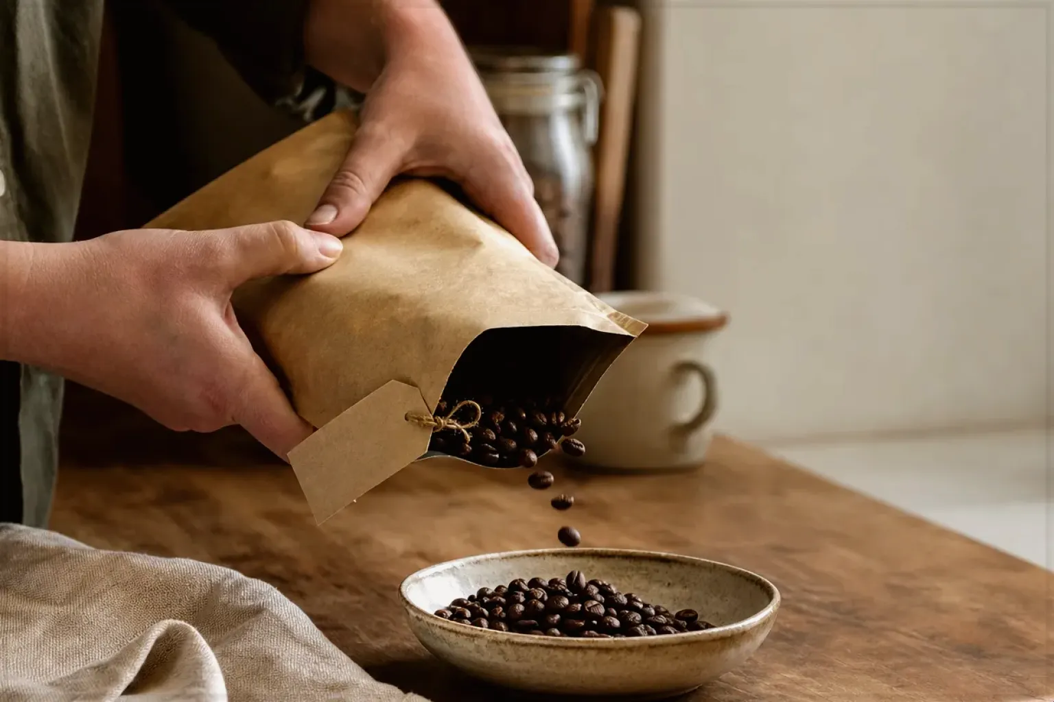 Hände füllen frisch geröstete Kaffeebohnen aus einer Papiertüte in eine Keramikschale – gezeigt für Melitta AromaFresh II Therm im Produktprofil.