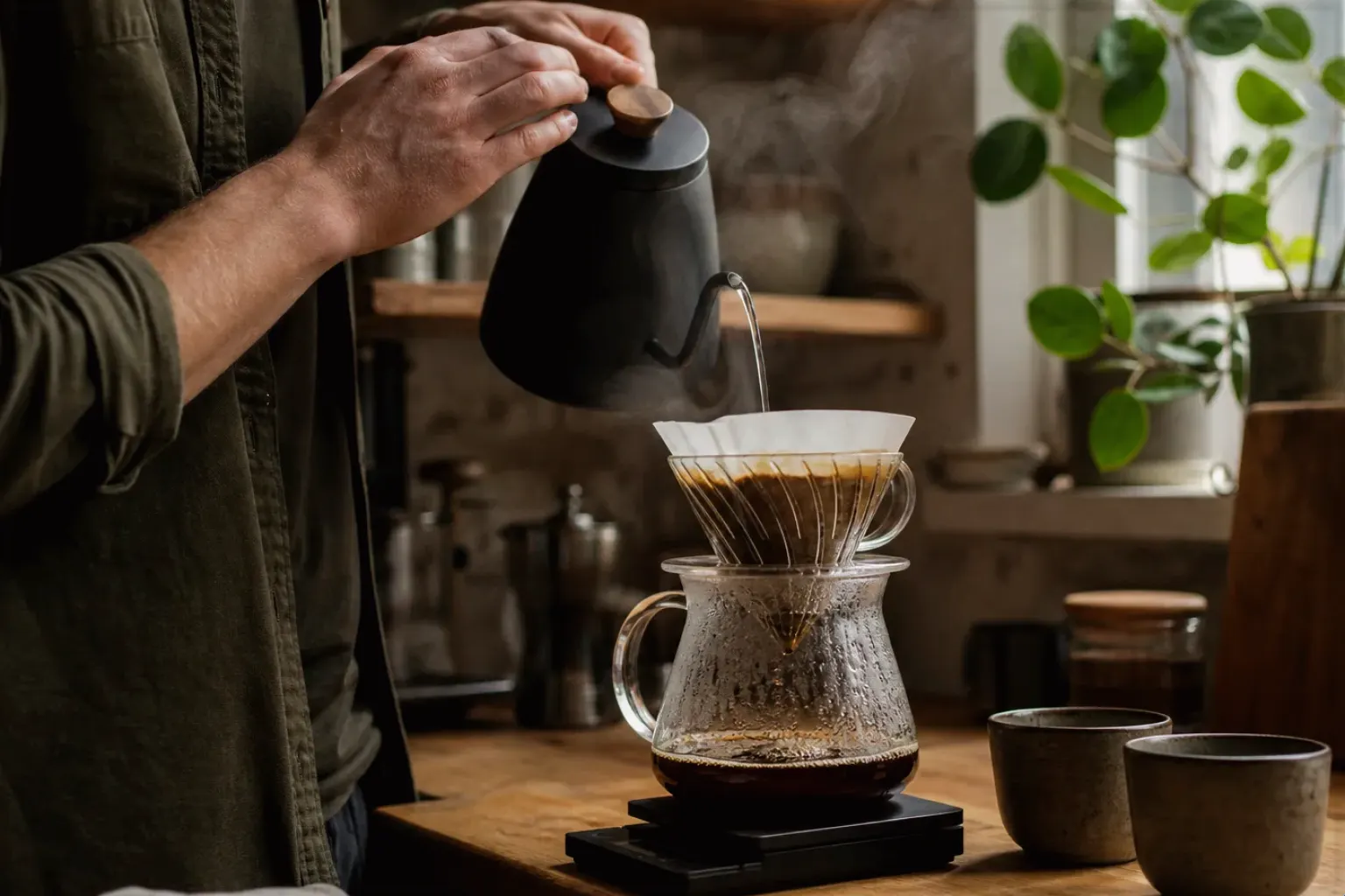 Filterkaffee wird mit einem Schwanenhalskessel von Hand in einer Küche aufgegossen – gezeigt für Melitta AromaFresh II Therm im Produktprofil.
